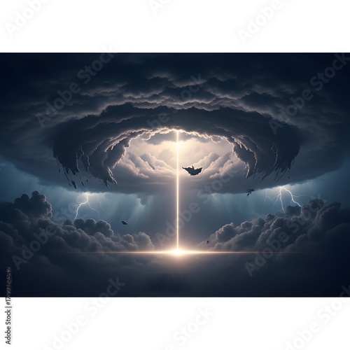 A dramatic digital artwork depicting a lightning strike and a mysterious vertical beam of light emerging from a dark, stormy sky with swirling clouds and lightning bolts