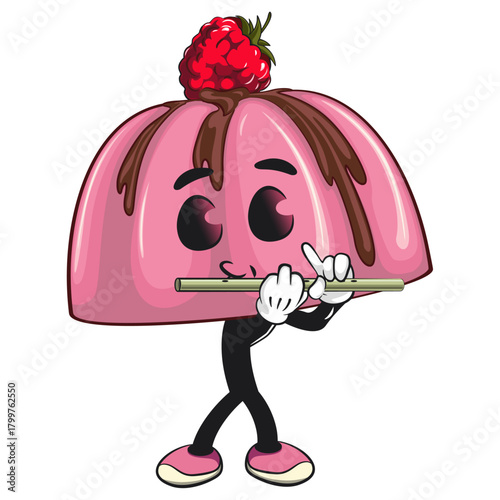 cute pink jelly dessert mascot cartoon vector food illustration, adorable raspberry pudding character with Chocolate Topping playing the flute, work of hand drawn