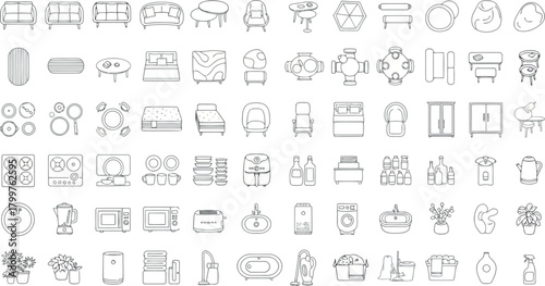 Compilation of various household items and furniture pieces in a topdown view, isolated on