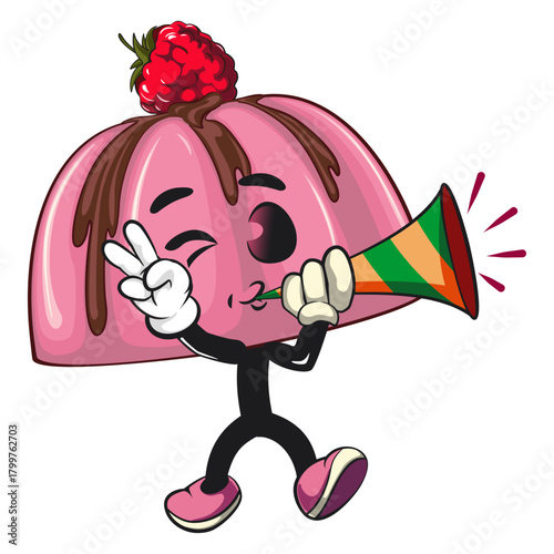 cute pink jelly dessert mascot cartoon vector food illustration, adorable raspberry pudding character with Chocolate Topping blow the party horn trumpet, work of hand drawn