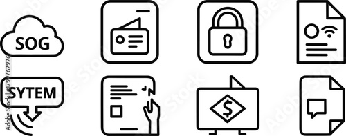 Digital document and interface icon set vector illustration, security cloud system symbols, business and tech layout, cad drawing flat vector illustration