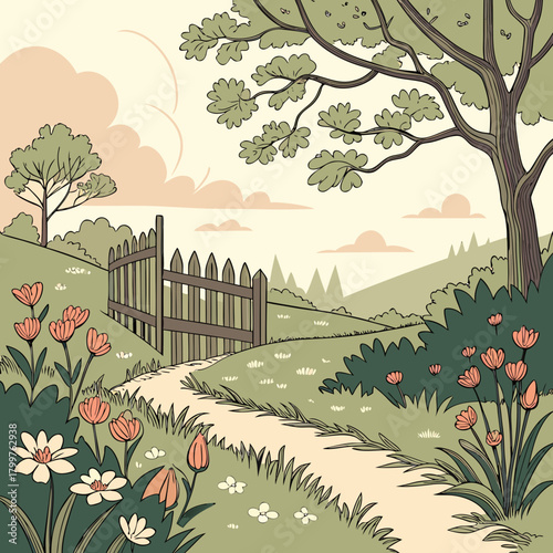 Charming garden path leading through a wooden gate