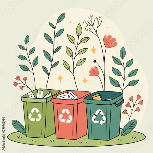 Colorful recycling bins surrounded by nature and flowers