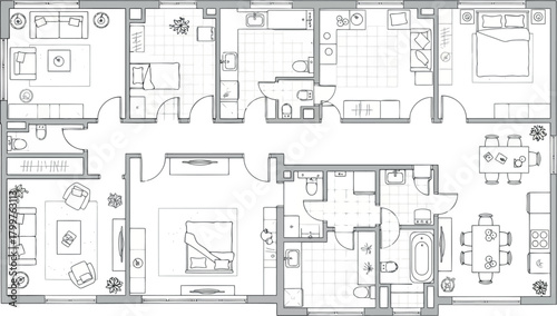 Architectural floor plan of a house with furniture layout and room divisions