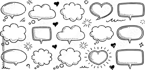 Hand-drawn speech bubble and thought bubble icons with hearts and stars, perfect for expressing ideas and emotions in creative projects