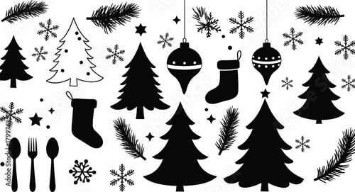 Christmas silhouette vector illustration, festive holiday elements, black icon set, tree ornament snowflake design, cad drawing flat vector illustration