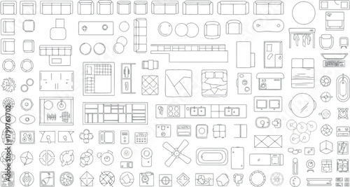 Variety of handdrawn architectural and furniture symbols for floor plan design isolated on white