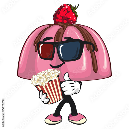 cute pink jelly dessert mascot cartoon vector food illustration, adorable raspberry pudding character with Chocolate Topping with a bucket of popcorn with wearing 3d glasses, work of hand drawn