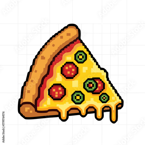 Delicious pixel art pizza slice with dripping cheese and pepperoni, perfect for digital fun