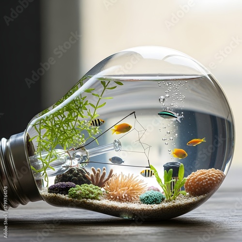 Creative aquarium scene inside a lightbulb with colorful fish, aquatic plants, and coral decorations creating a vibrant underwater environment in a glass container