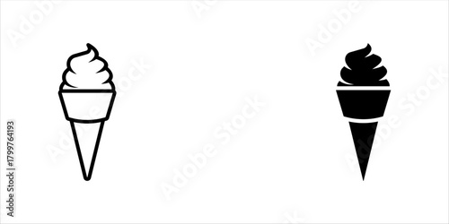 Simple icon set of a single ice cream scoop dripping slightly on a cone, presented in both black on white and white on black reversed contrast. vector illustration, eps10.