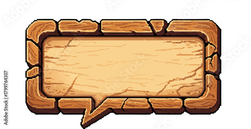 Wooden speech bubble with pixel art style for game assets and UI design element