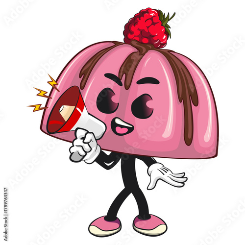 cute pink jelly dessert mascot cartoon vector food illustration, adorable raspberry pudding character with Chocolate Topping shouting with a loudspeaker, work of hand drawn