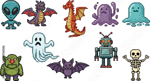 Pixel art monsters and robot collection for retro game design and Halloween themes