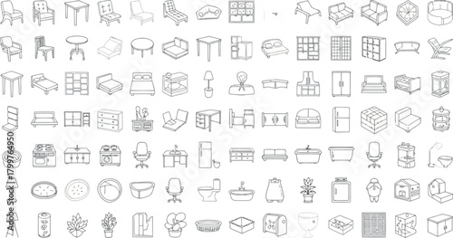 Collection of handdrawn furniture and home decor icons, isolated on