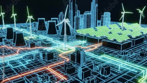 Digital lines showing energy flows shifting from dark, smoky fossil fuel plants to sleek, spinning wind turbines and solar arrays.