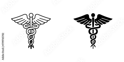 Illustration of a caduceus in black and white, symbolizing medicine and healing isolated on