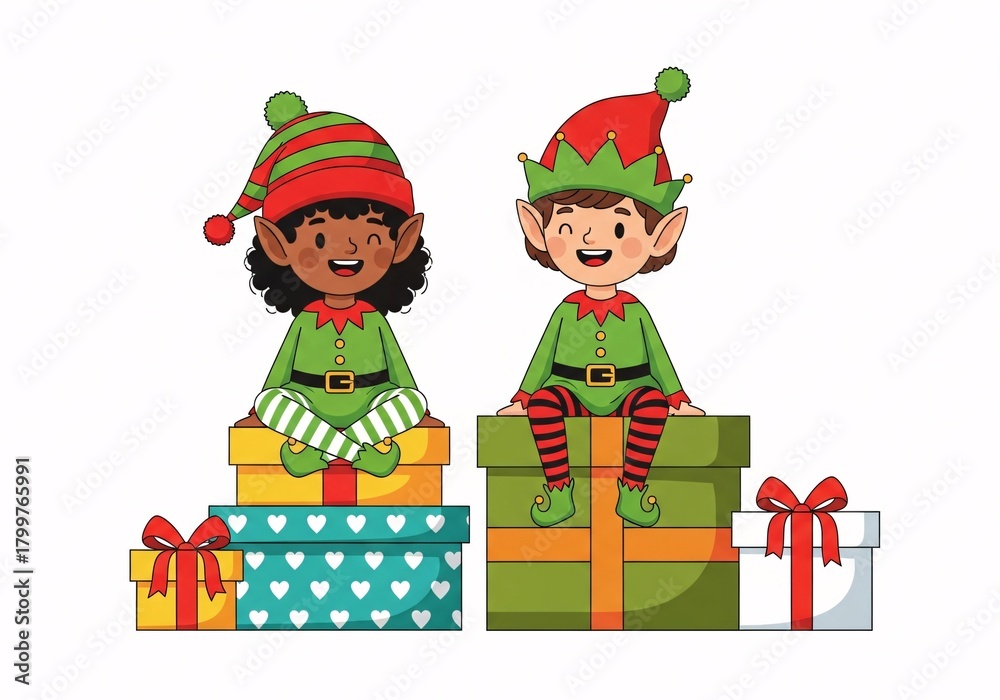 Naklejka premium Festive Elves and Gifts