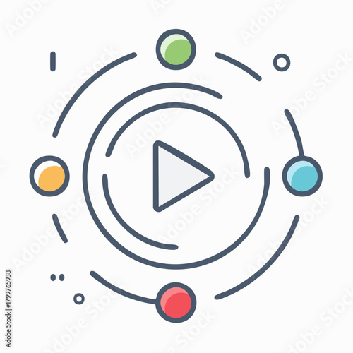 Play button icon surrounded by colorful circles and abstract lines, symbolizing media, entertainment, and connectivity