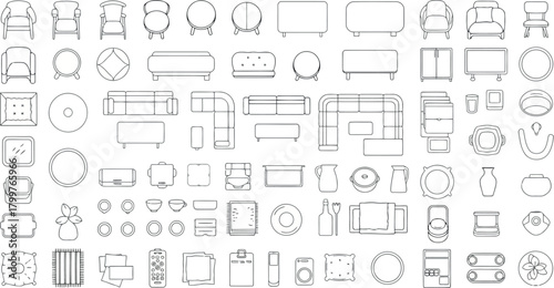 Collection of furniture icons and symbols in a topdown view, isolated on