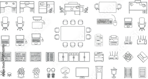 Office furniture and equipment icons in a topdown view, isolated on