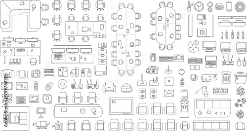 Assortment of office furniture and equipment icons in a sketch style, isolated on