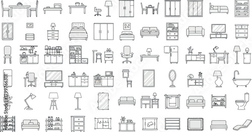 Assortment of sketched furniture items and household objects isolated on