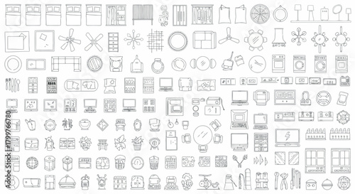 Collection of handdrawn architectural and interior design symbols and icons isolated on