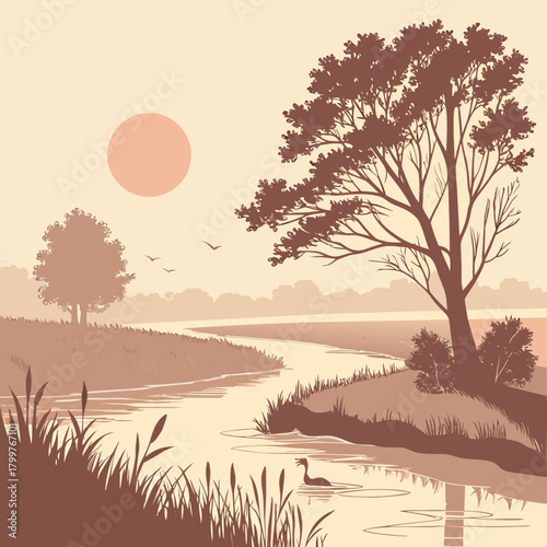 Serene river landscape with silhouette trees and sun