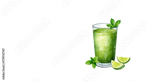 Watercolor green smoothie with lime and mint in a glass on white background with copy space
