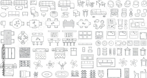 Assortment of topdown view furniture sketches, including dining sets and seating, isolated on