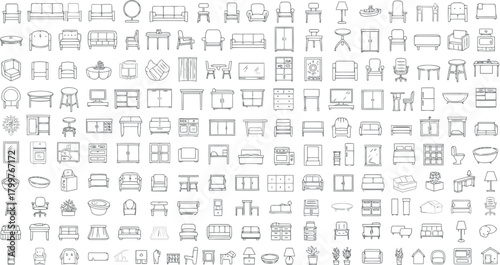 Collection of handdrawn furniture icons and symbols in topdown view, isolated on
