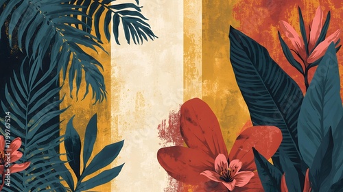 Tropical Boho Botanical Background — Deep Teal Foliage and Coral Flowers Over Warm Textured Stripes.