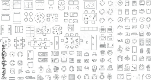 Collection of architectural floor plan symbols and furniture layouts, isolated on