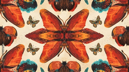 Vintage Butterfly Pattern — Symmetrical Red-Orange Moths and Small Butterflies in a Retro Botanical Repeat.