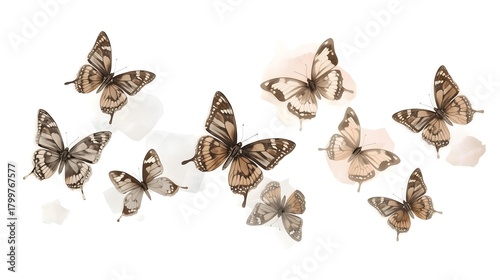 Neutral watercolor butterflies set, beige and brown flying butterflies isolated on white background with soft splashes and copy space