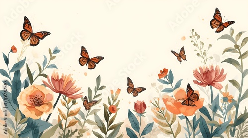 Watercolor Wildflower Meadow With Butterflies — Soft Peach Blooms and Sage Foliage Framing Open Cream Space.