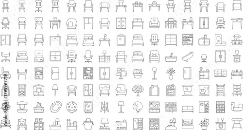 Variety of handdrawn furniture icons isolated on