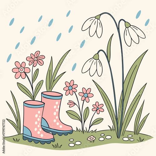 Spring rain with flowers and pink boots