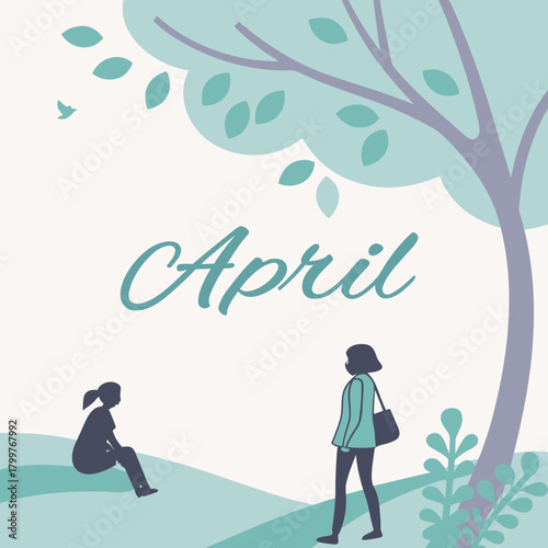 Springtime serenity with two figures and a bird