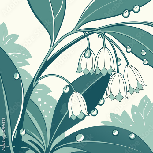 Stylized bell flowers with dewdrops in teal and cream