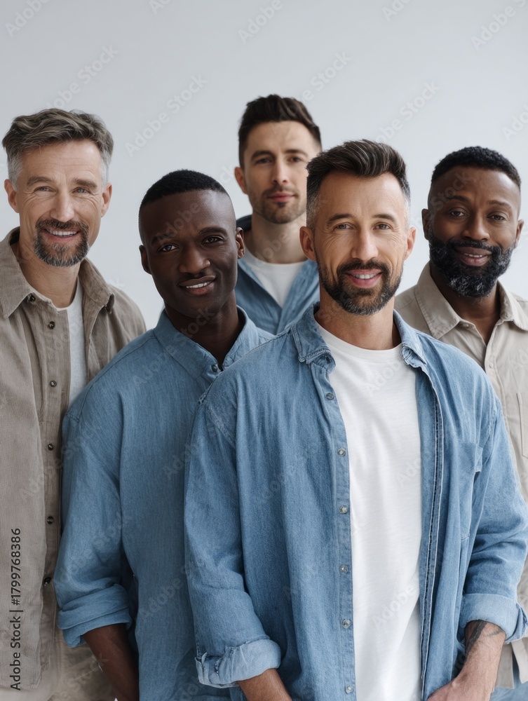 Obraz premium Five diverse men showcase confidence and camaraderie while celebrating International Men's Day. They wear casual outfits and smile warmly, highlighting unity and strength in a bright studio space