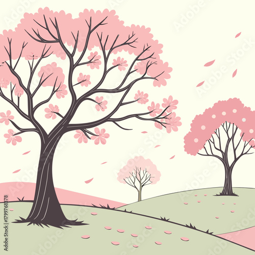 Stylized cherry blossom trees in a gentle landscape