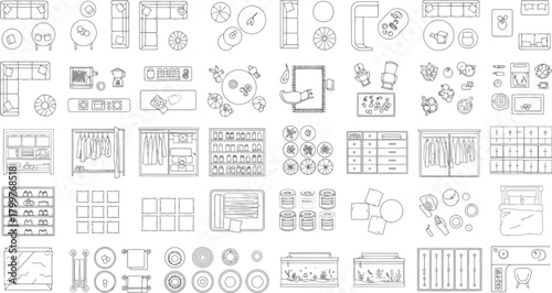 Collection of handdrawn furniture and home decor elements, isolated on