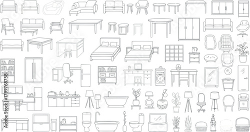 Variety of handdrawn furniture sketches for interior design, isolated on