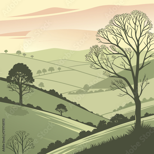 Stylized rolling hills with silhouetted trees under a soft sky