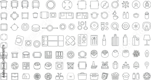 Set of top view line art icons representing various objects and elements, isolated on