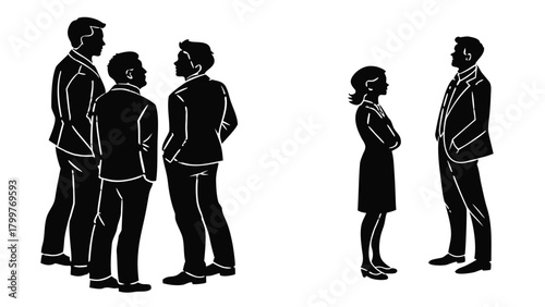 Silhouette illustration of group of men and woman in suits standing and talking to each other vreated with genrated ai