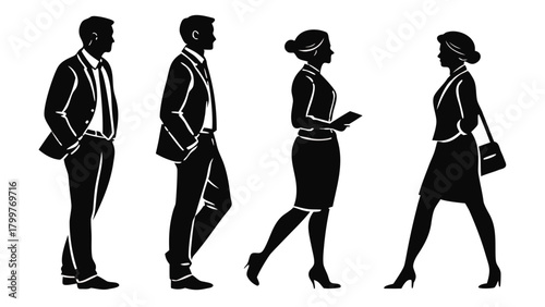 Silhouetted professionals walking in suits and dresses in a business like environment setting scene vreated with genrated ai