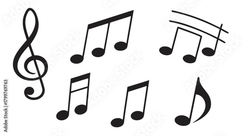Illustration of a treble clef and various musical notes in black on a white background sheet music vreated with genrated ai